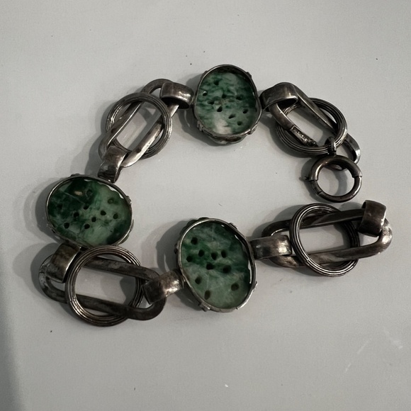 Antique Art Deco Bracelet Carved Green White Jadeite Sterling Chinese Export - Picture 8 of 13